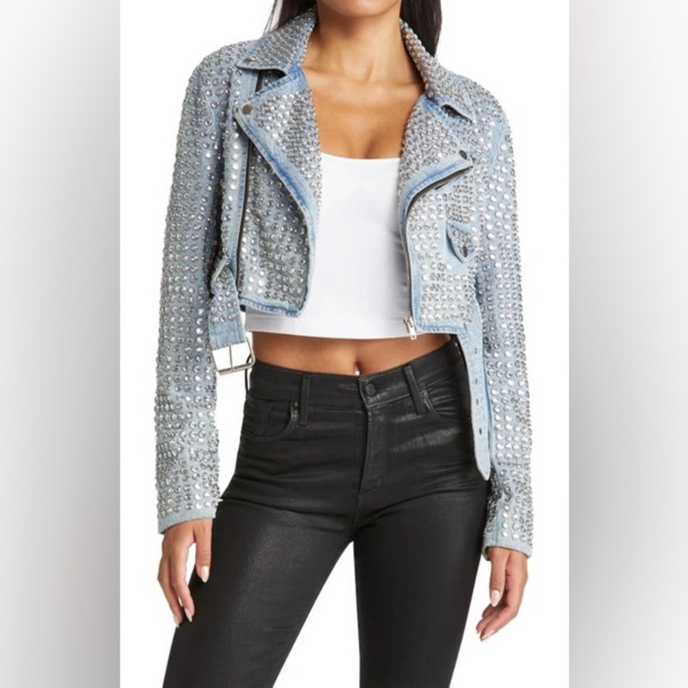 Azalea Wang Gazette Rhinestone Studs Embellished Crop Denim Moto Jacket- NWT L